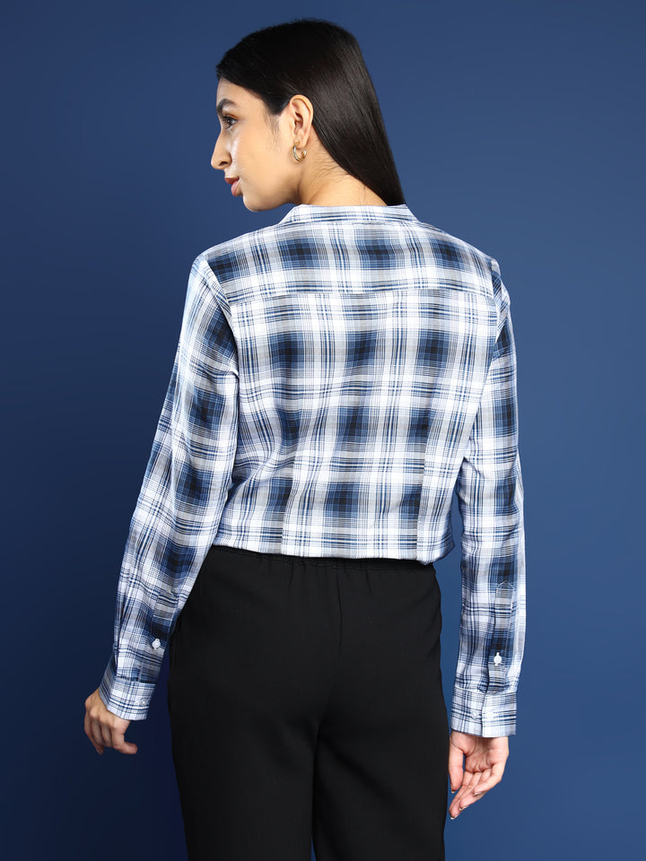 Women Flannel Navy Blue Checked Pure Cotton Mandarin Collar Formal Top