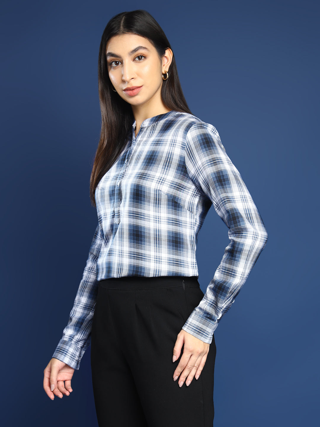 Women Flannel Navy Blue Checked Pure Cotton Mandarin Collar Formal Top