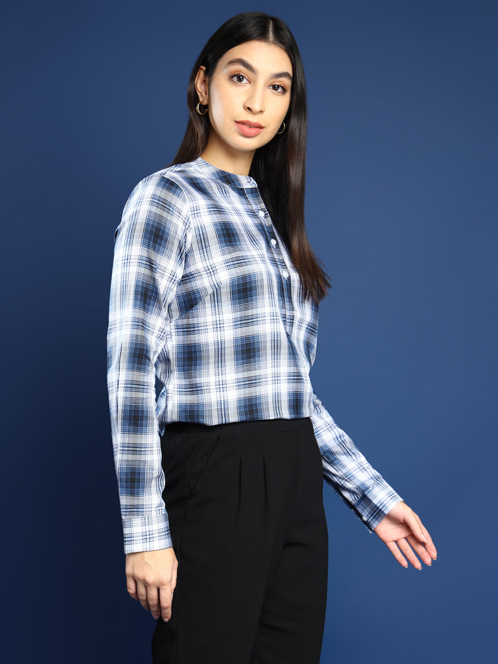 Women Flannel Navy Blue Checked Pure Cotton Mandarin Collar Formal Top