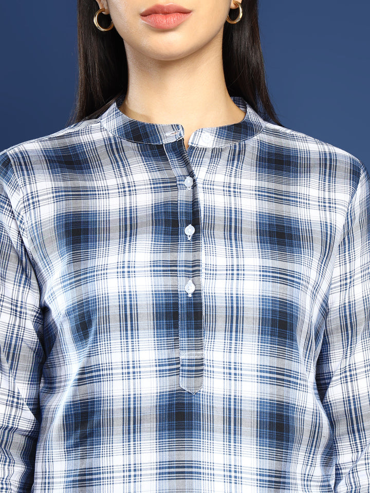 Women Flannel Navy Blue Checked Pure Cotton Mandarin Collar Formal Top