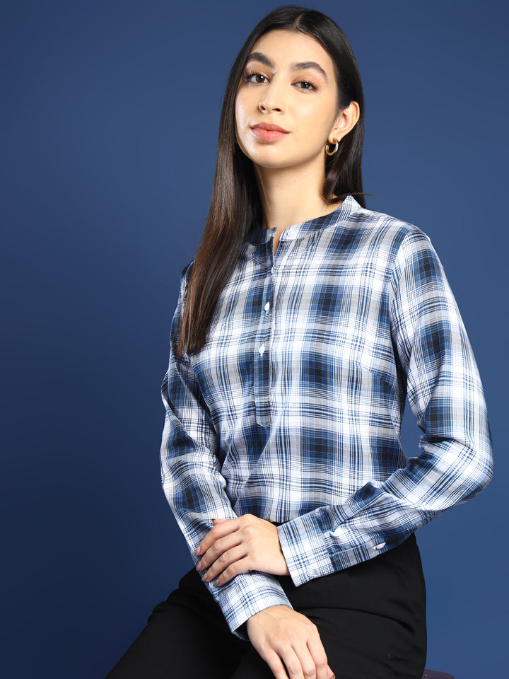 Women Flannel Navy Blue Checked Pure Cotton Mandarin Collar Formal Top