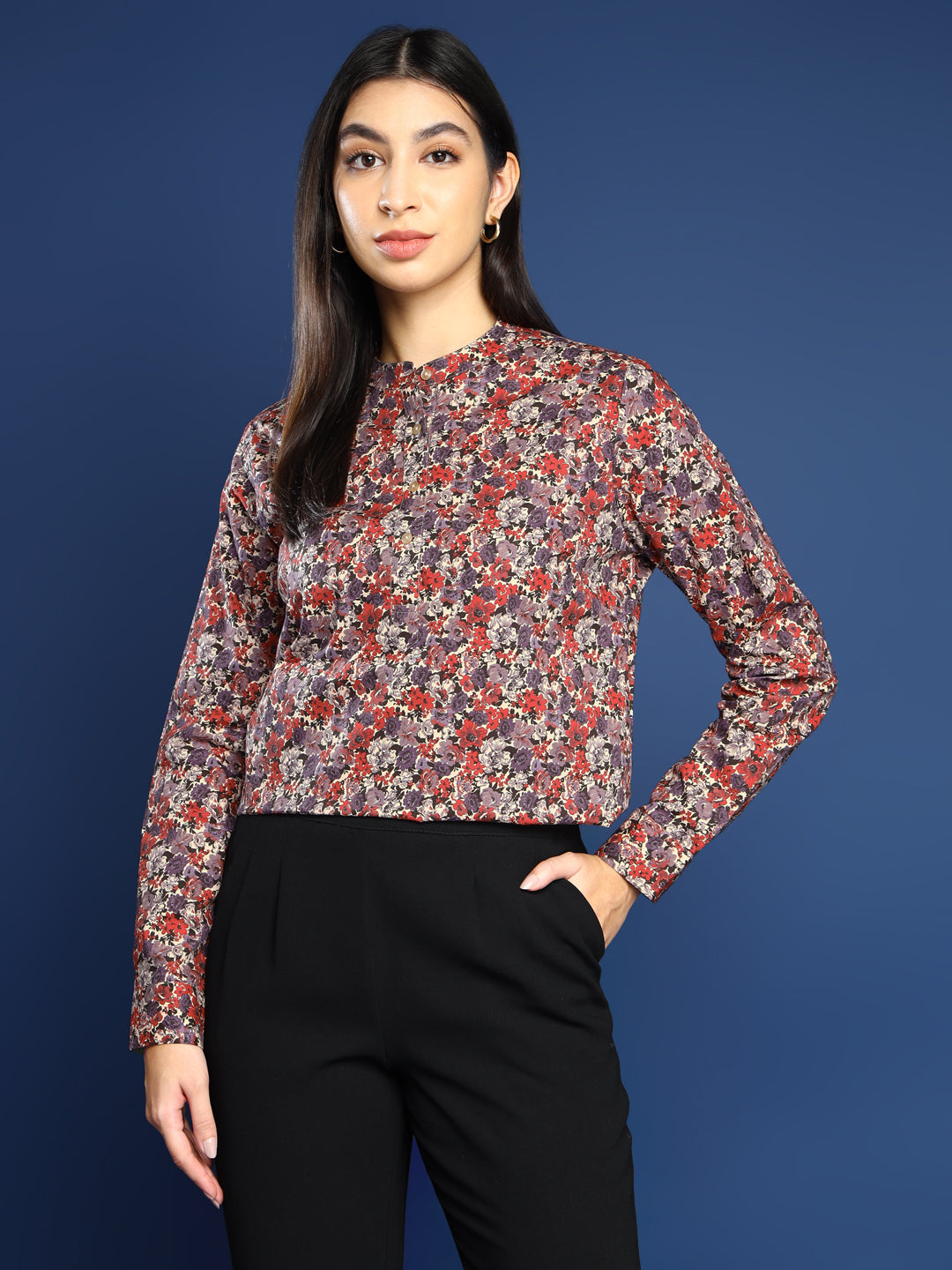 Women Floral Red & Beige Pure Cotton Mandarin Collar Formal Top