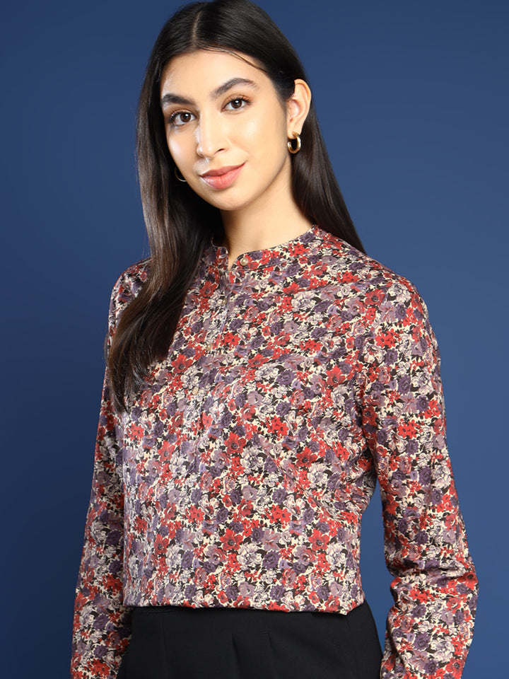 Women Floral Red & Beige Pure Cotton Mandarin Collar Formal Top