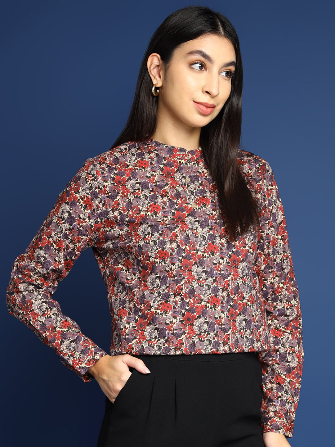 Women Floral Red & Beige Pure Cotton Mandarin Collar Formal Top