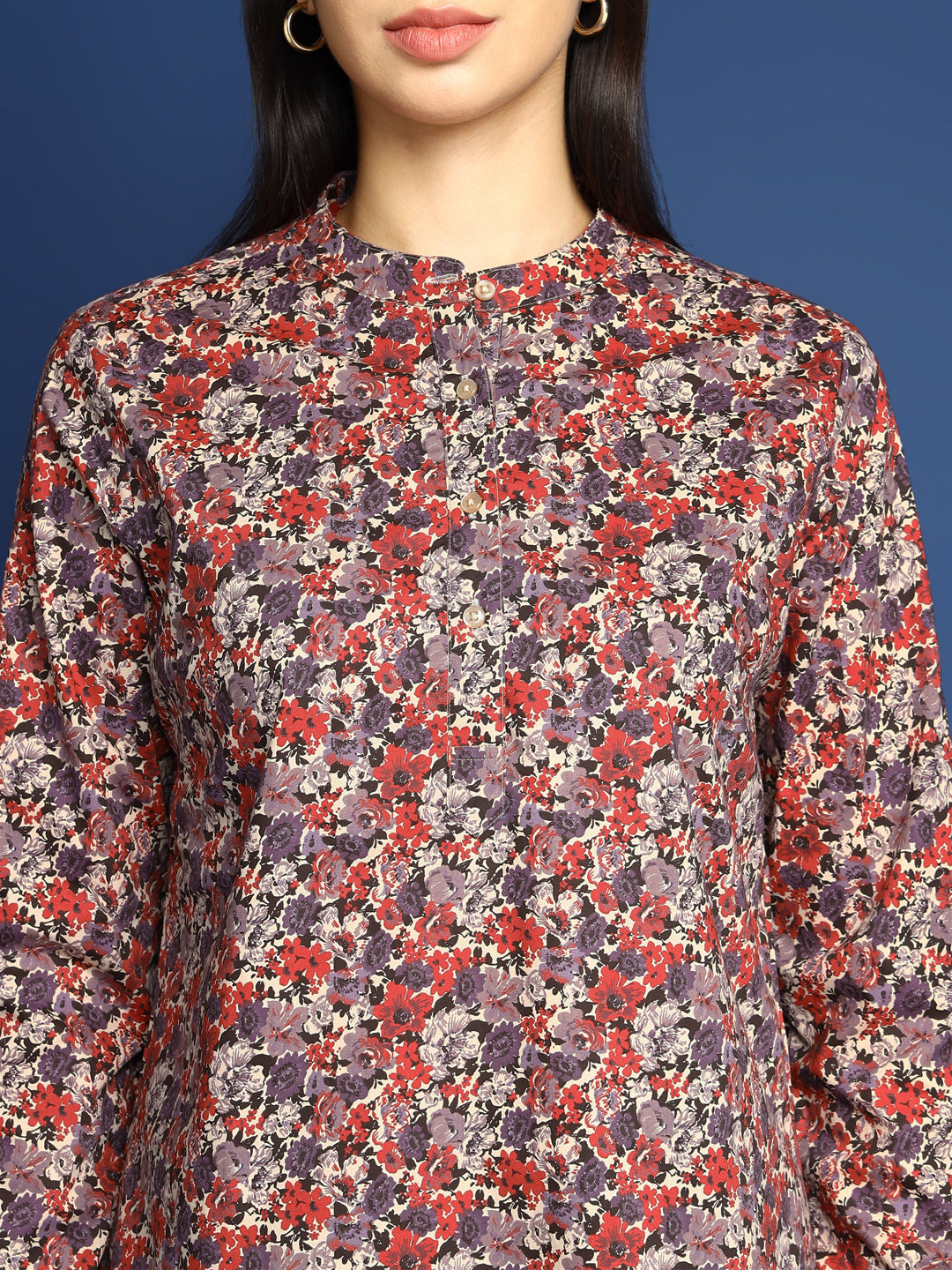 Women Floral Red & Beige Pure Cotton Mandarin Collar Formal Top