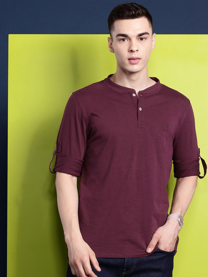 Men Burgundy Solid Pure Cotton Relaxed Fit Henley T-Shirt