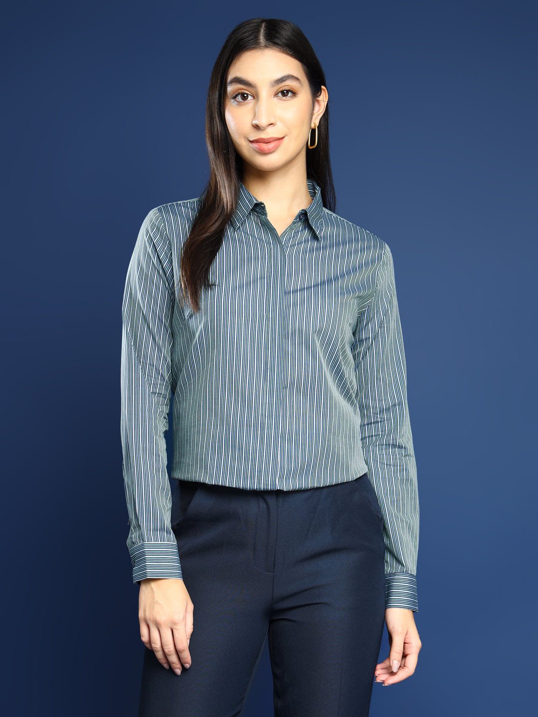 Women Navy Blue & Green Striped Pure Cotton Formal Shirt