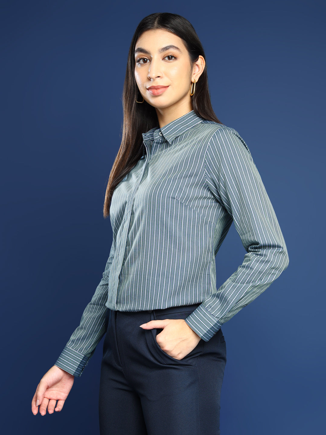 Women Navy Blue & Green Striped Pure Cotton Formal Shirt