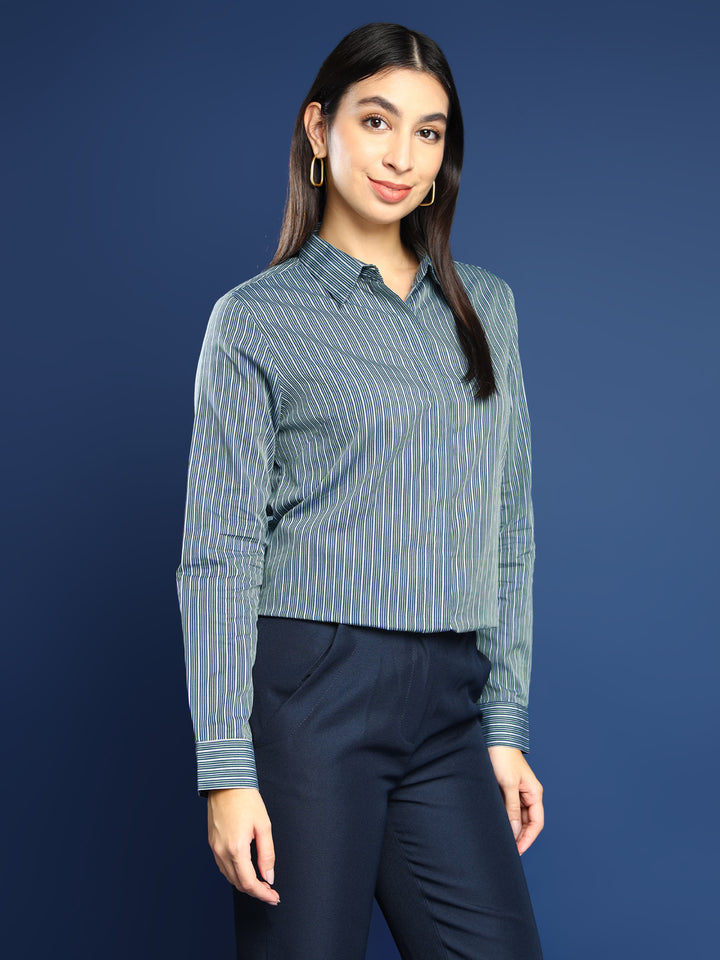 Women Navy Blue & Green Striped Pure Cotton Formal Shirt