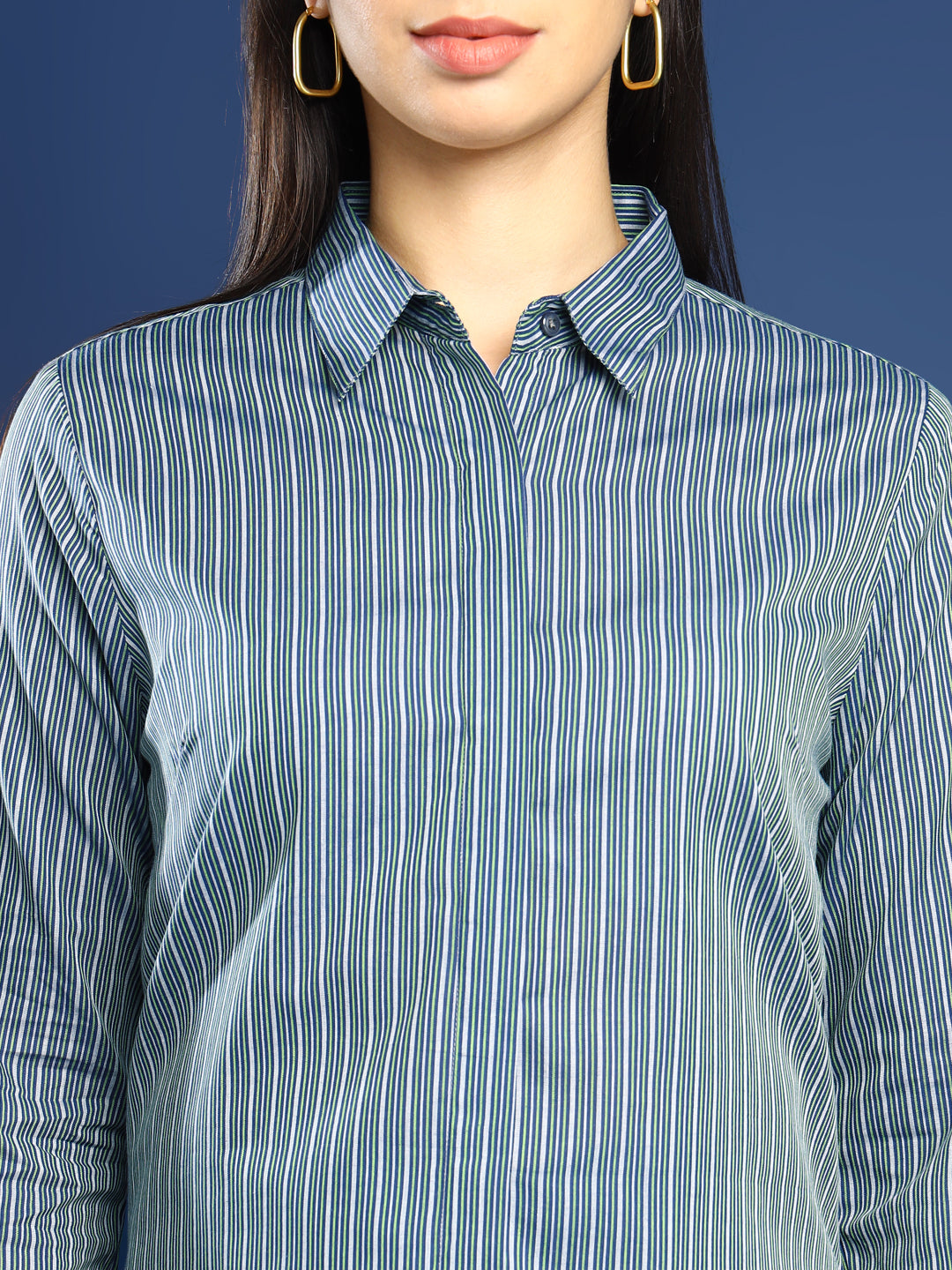 Women Navy Blue & Green Striped Pure Cotton Formal Shirt