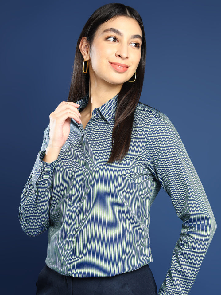 Women Navy Blue & Green Striped Pure Cotton Formal Shirt