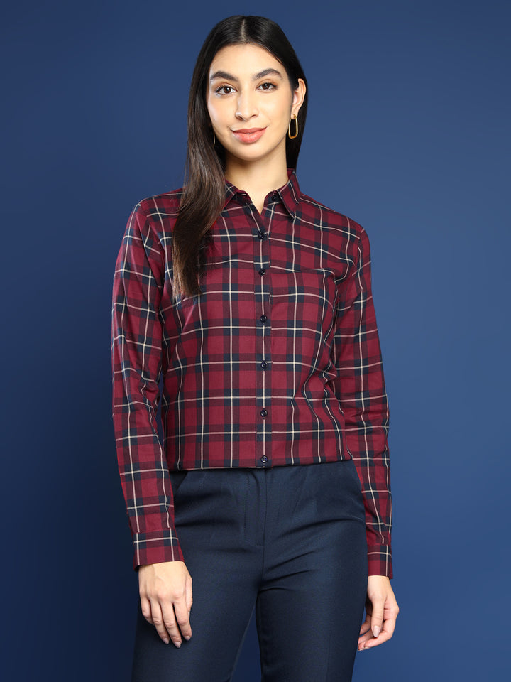 Women Red & Navy Blue Tartan Twill Checked Pure Cotton Shirt