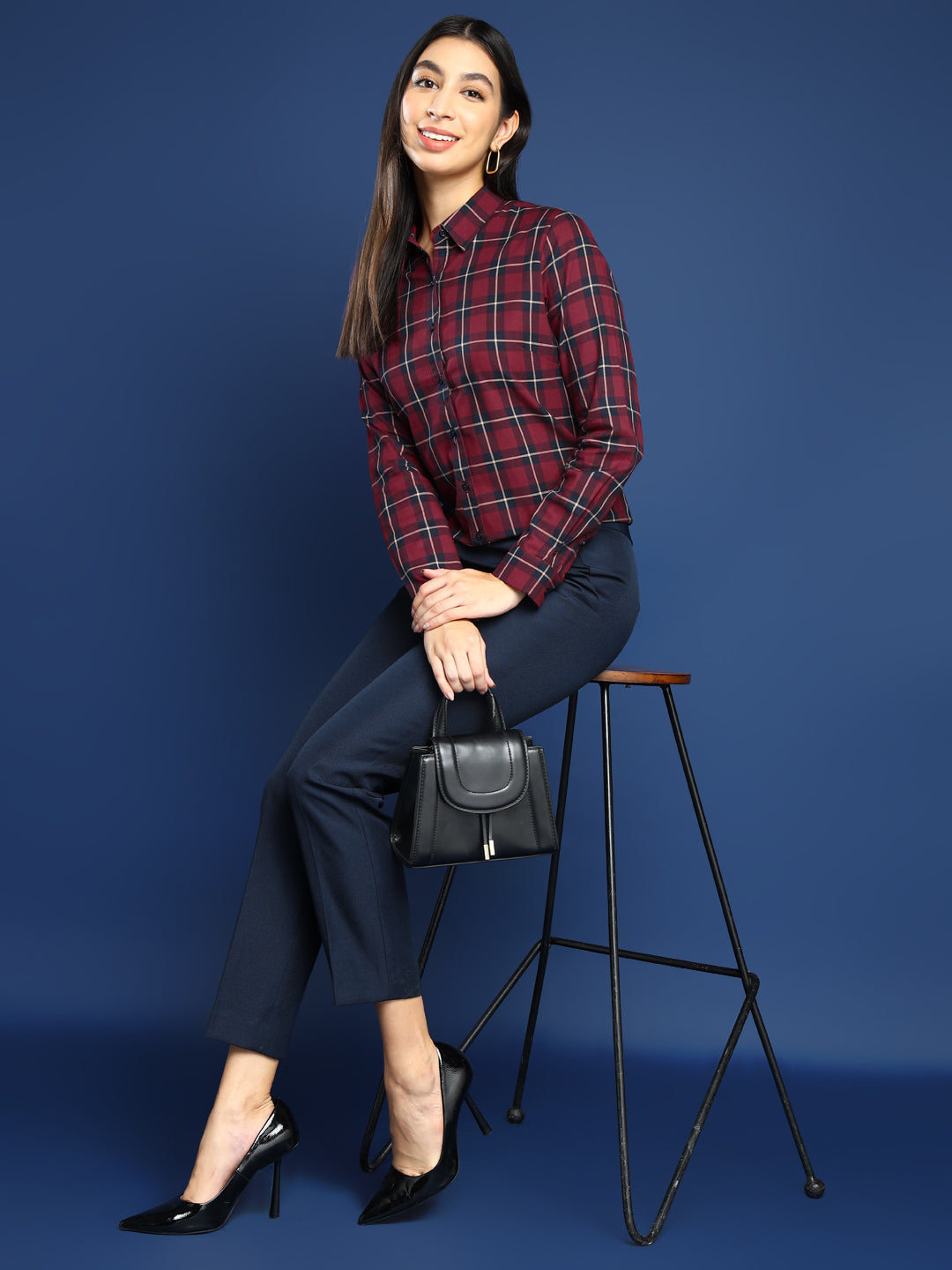 Women Red & Navy Blue Tartan Twill Checked Pure Cotton Shirt