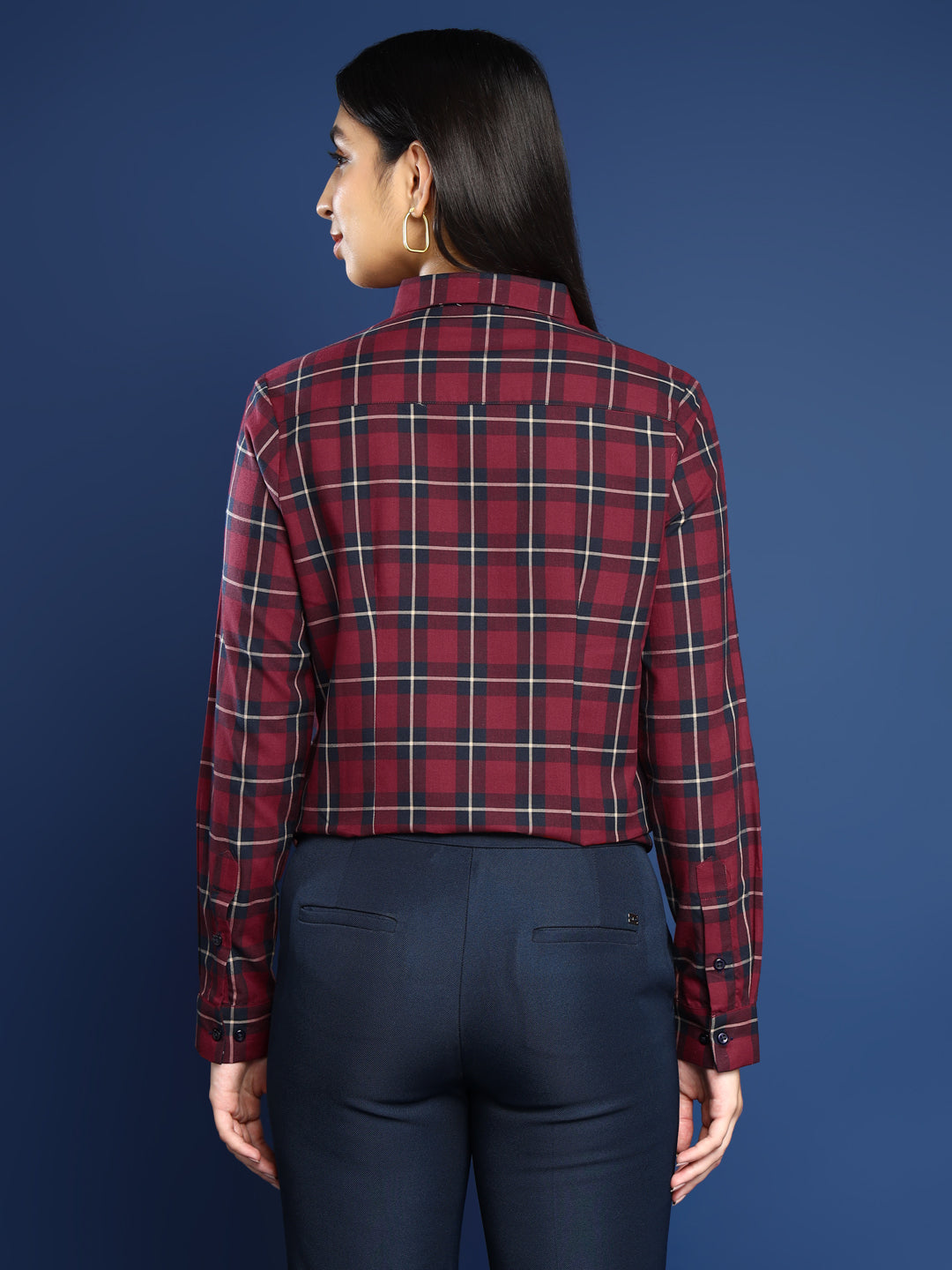 Women Red & Navy Blue Tartan Twill Checked Pure Cotton Shirt