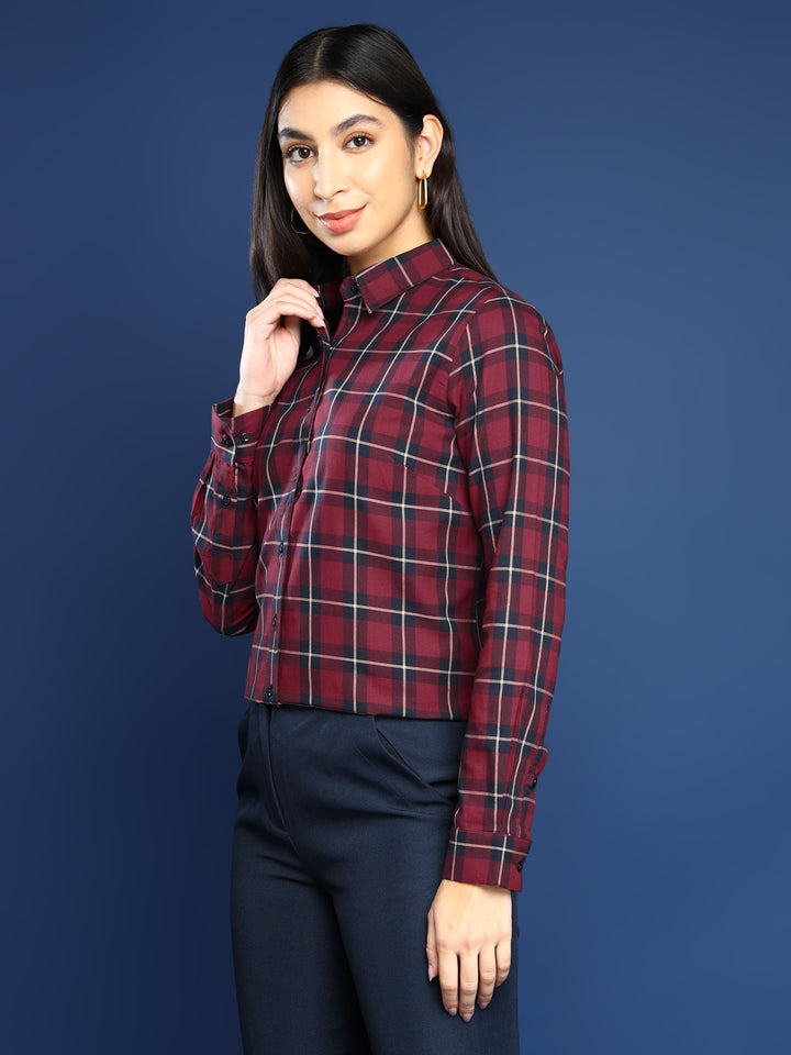 Women Red & Navy Blue Tartan Twill Checked Pure Cotton Shirt