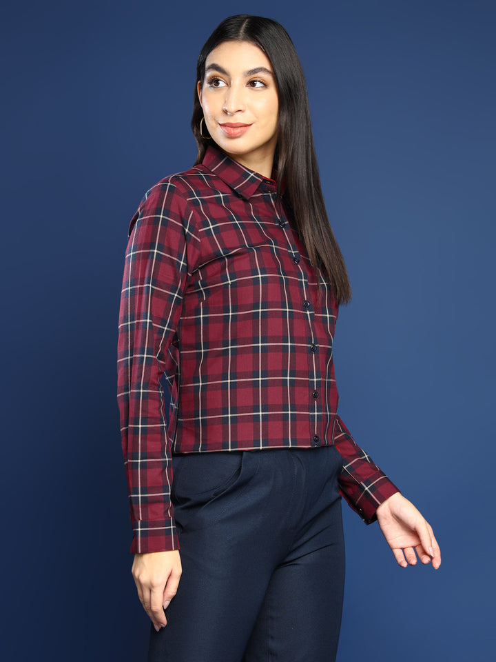 Women Red & Navy Blue Tartan Twill Checked Pure Cotton Shirt