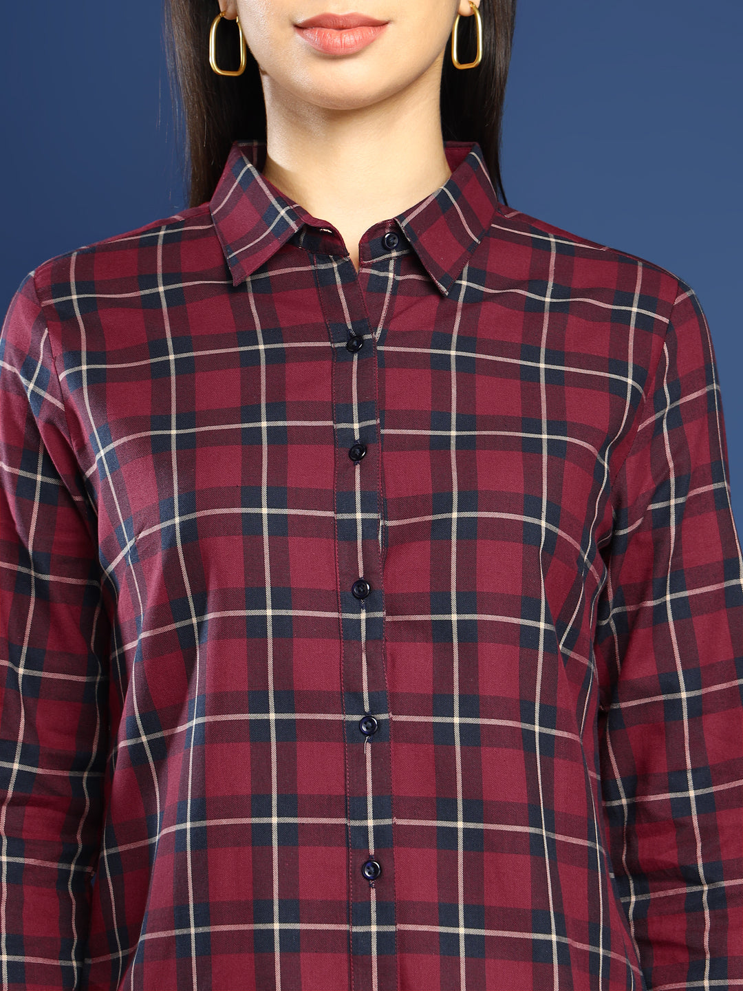 Women Red & Navy Blue Tartan Twill Checked Pure Cotton Shirt