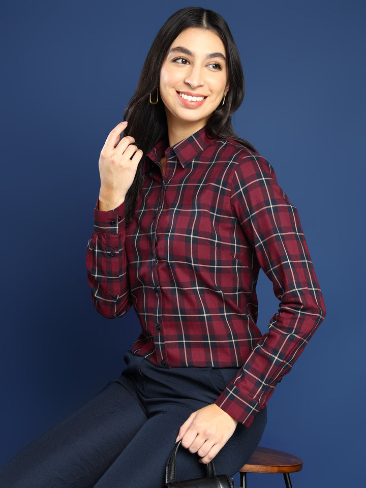 Women Red & Navy Blue Tartan Twill Checked Pure Cotton Shirt