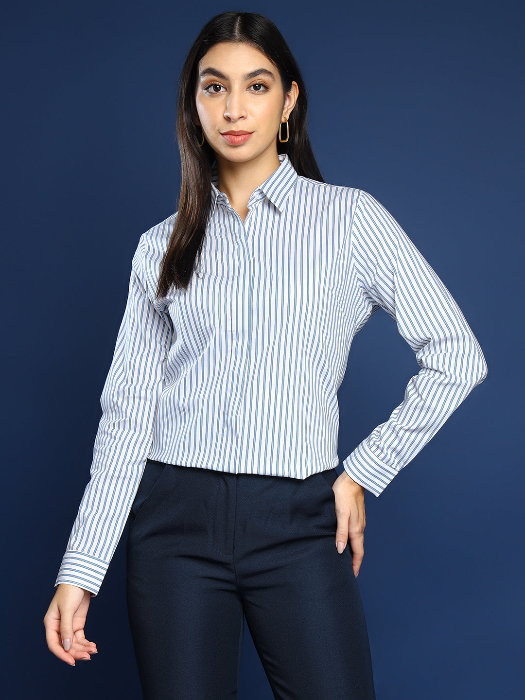 Women White & Blue Striped Pure Cotton Formal Shirt