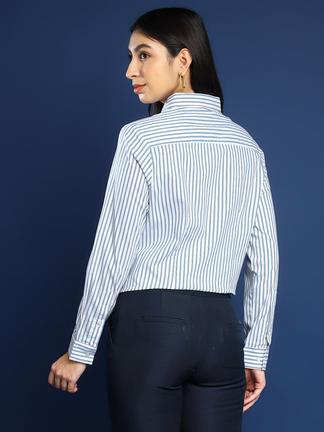 Women White & Blue Striped Pure Cotton Formal Shirt