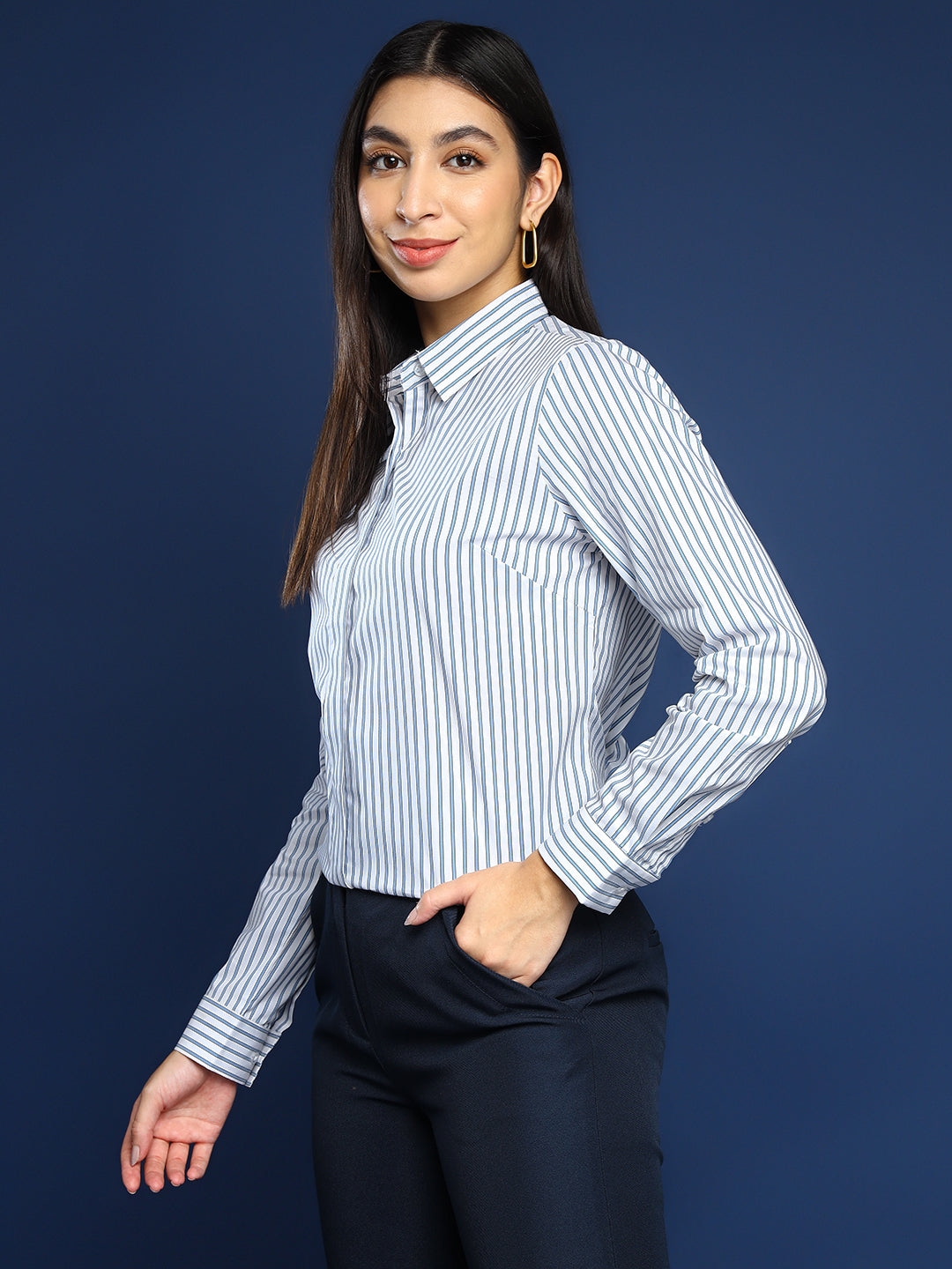 Women White & Blue Striped Pure Cotton Formal Shirt