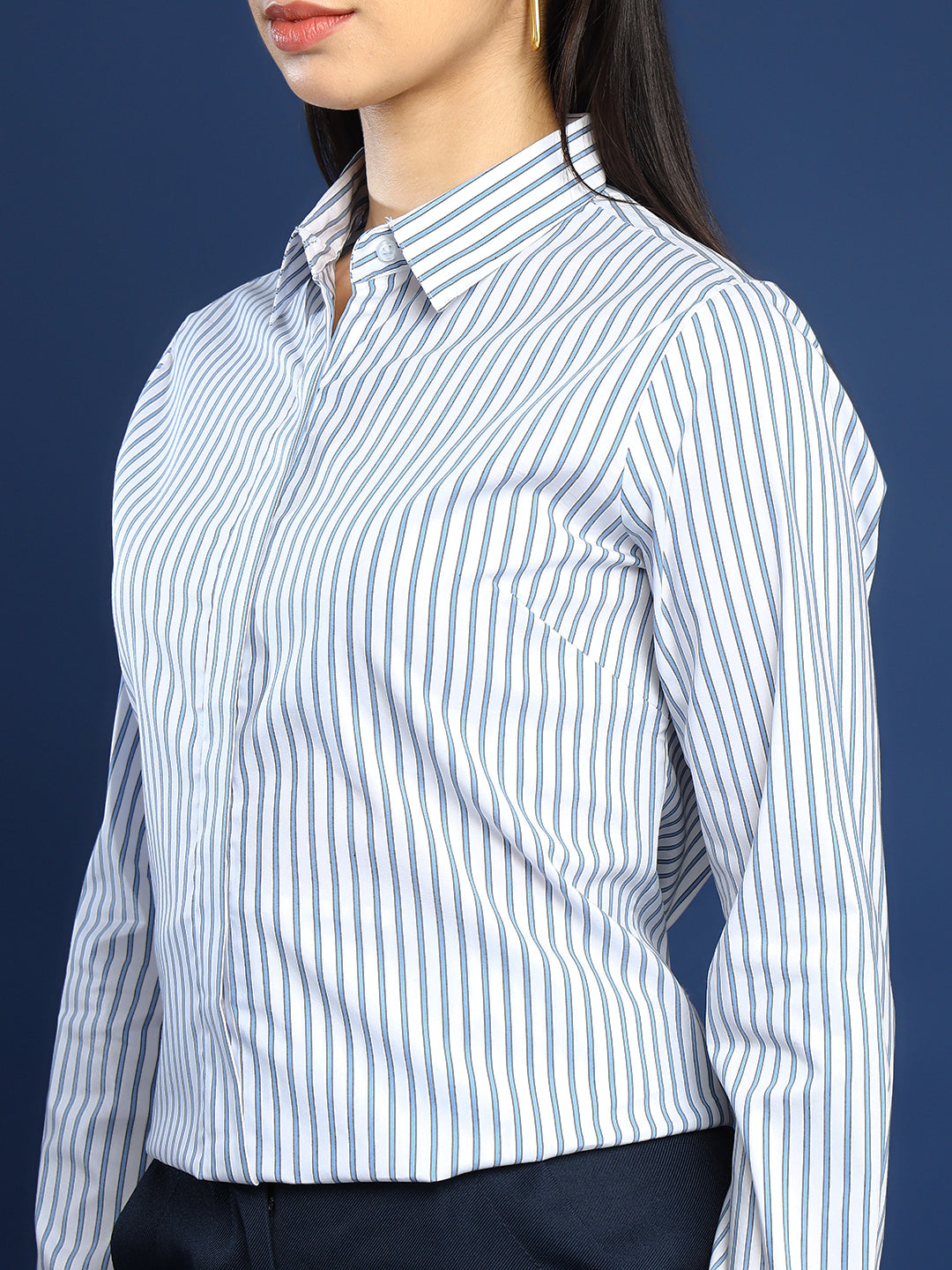 Women White & Blue Striped Pure Cotton Formal Shirt