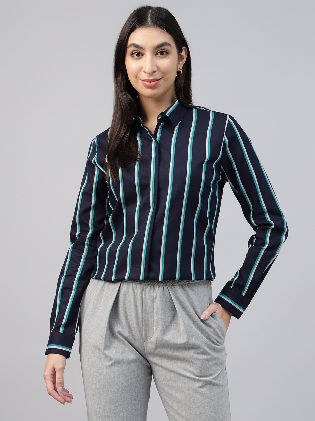 Women Navy Blue Striped Pure Cotton Formal Shirt