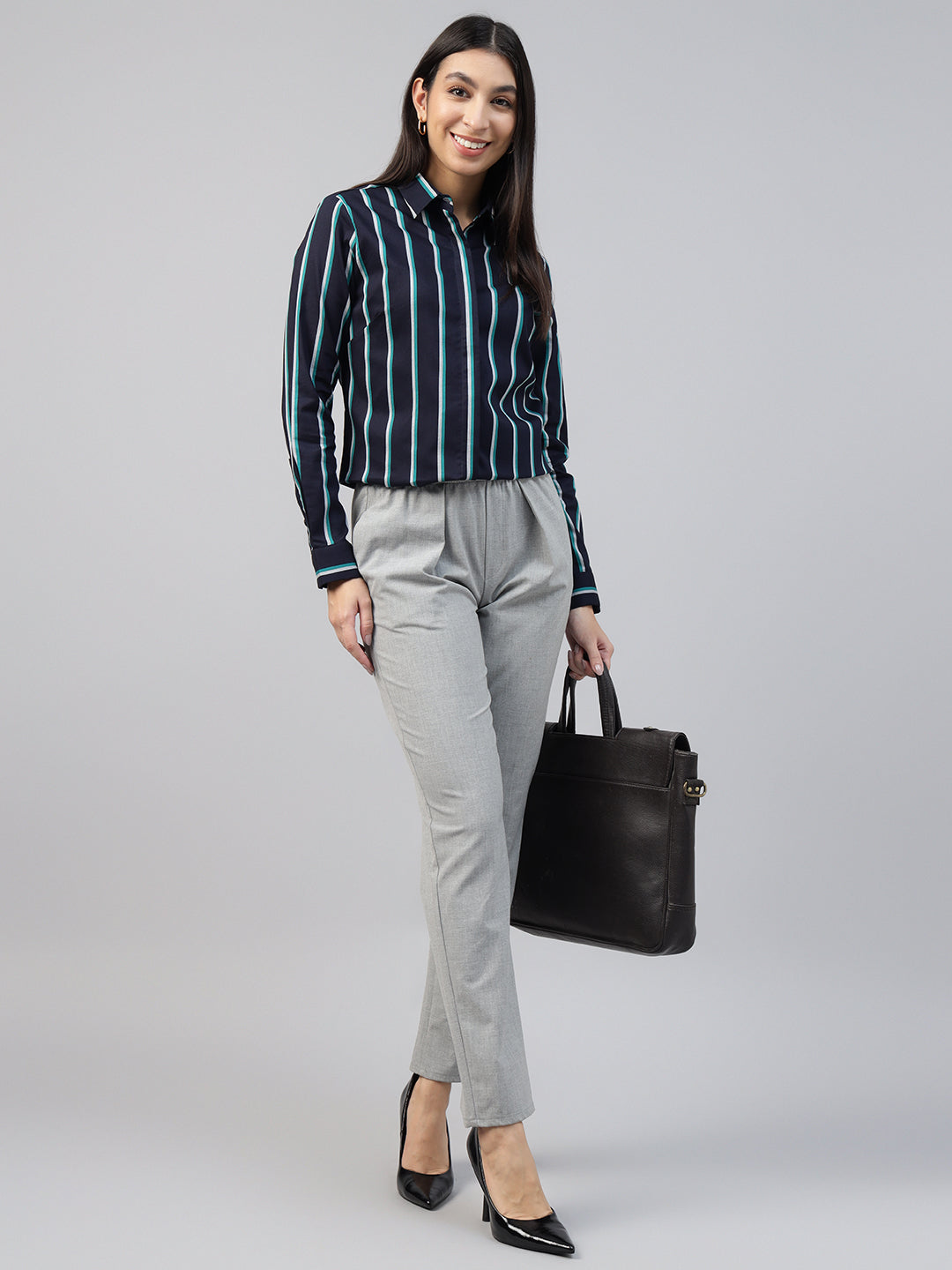 Women Navy Blue Striped Pure Cotton Formal Shirt