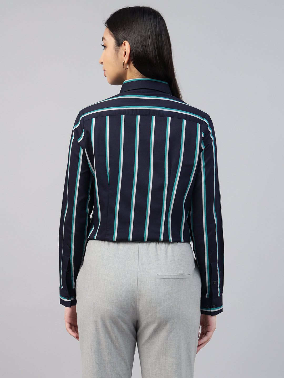 Women Navy Blue Striped Pure Cotton Formal Shirt