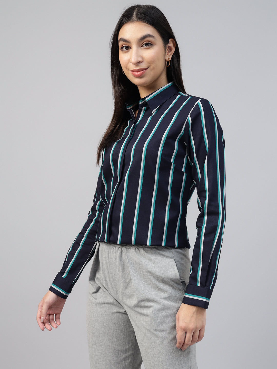 Women Navy Blue Striped Pure Cotton Formal Shirt