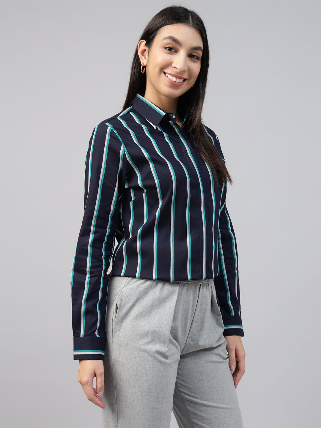 Women Navy Blue Striped Pure Cotton Formal Shirt