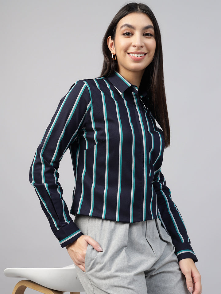 Women Navy Blue Striped Pure Cotton Formal Shirt