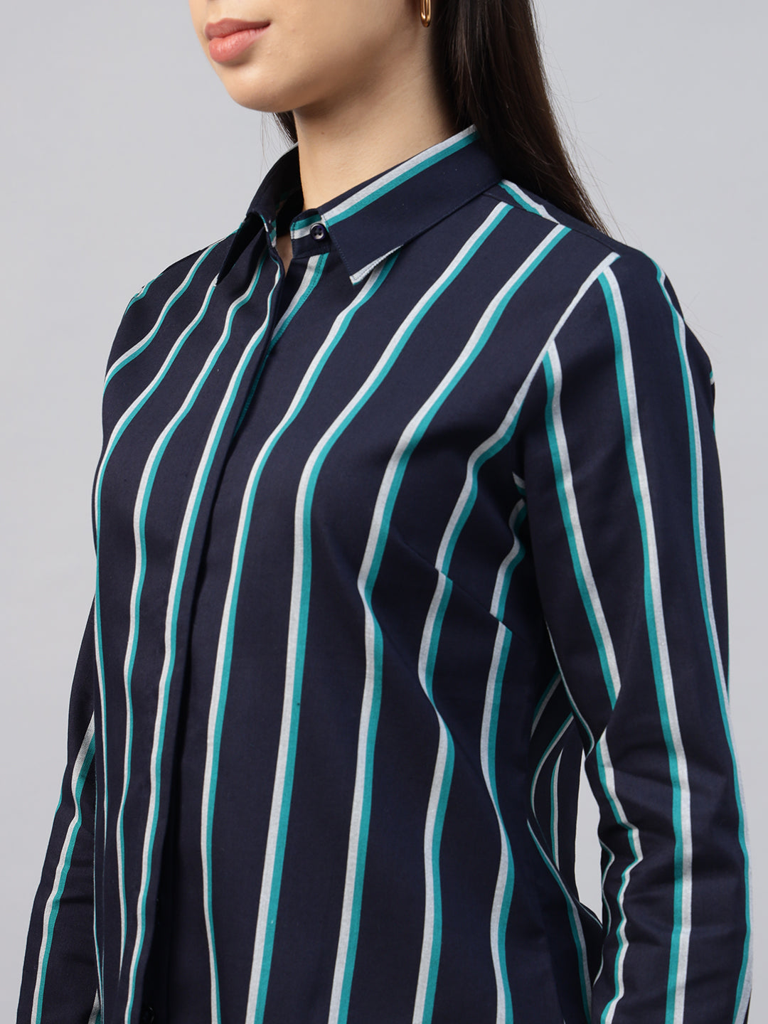 Women Navy Blue Striped Pure Cotton Formal Shirt