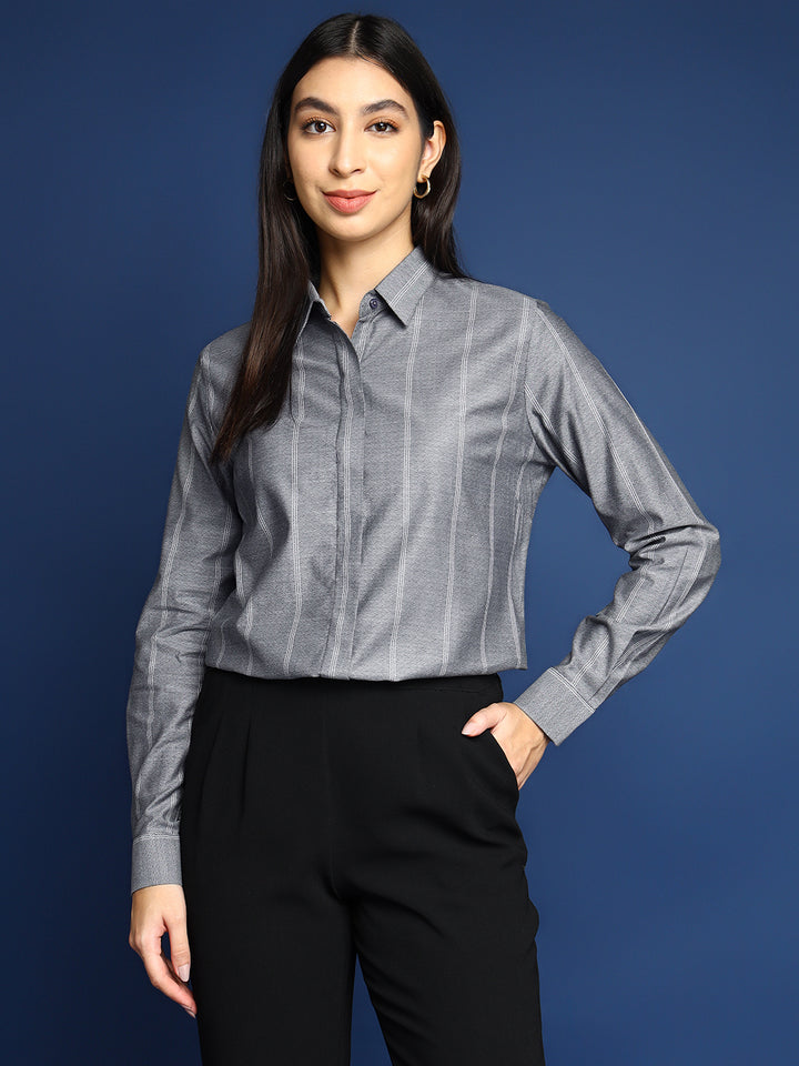 Women Grey Self Design Striped Pure Cotton Formal Shirt