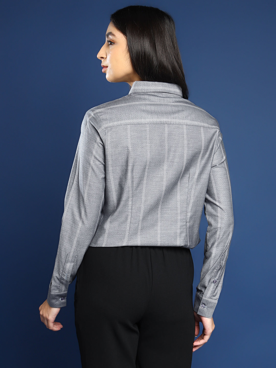 Women Grey Self Design Striped Pure Cotton Formal Shirt