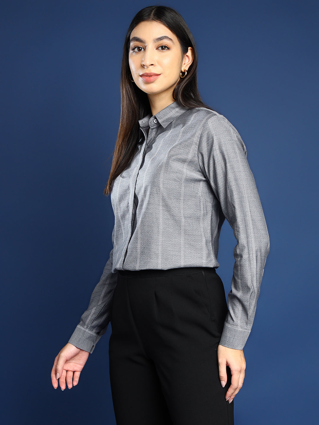 Women Grey Self Design Striped Pure Cotton Formal Shirt