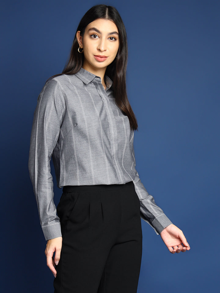 Women Grey Self Design Striped Pure Cotton Formal Shirt