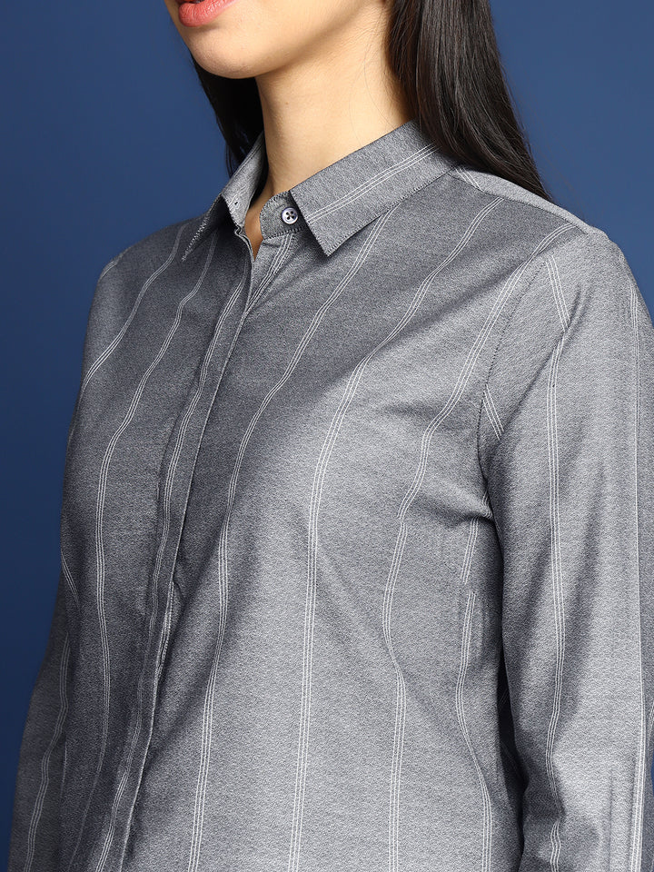 Women Grey Self Design Striped Pure Cotton Formal Shirt