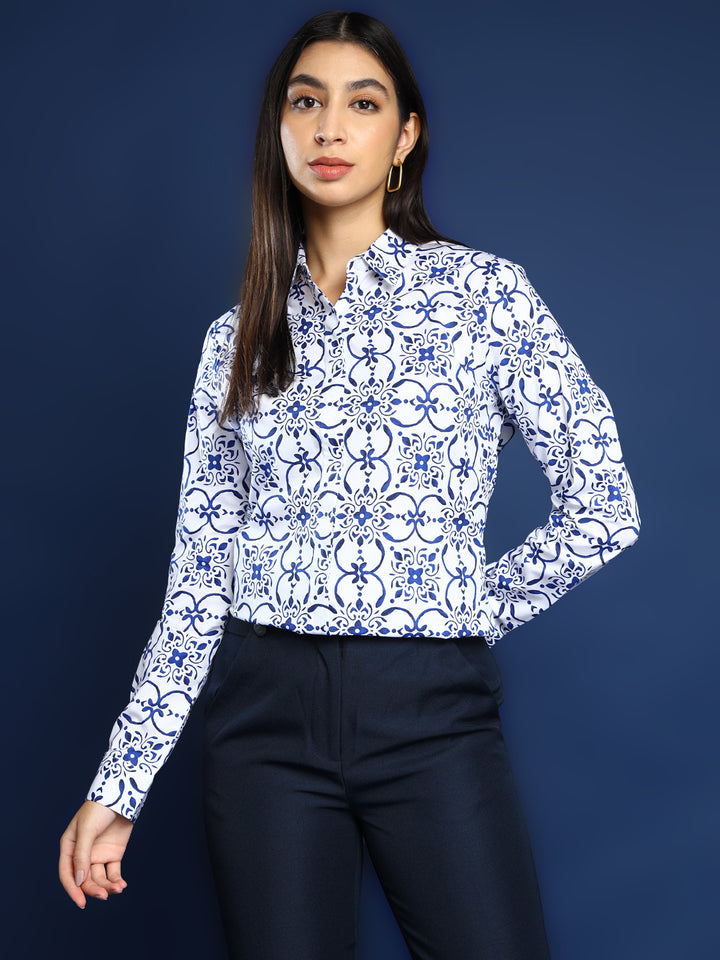 Women White & Blue Ethnic Motif Printed Pure Cotton Formal Shirt