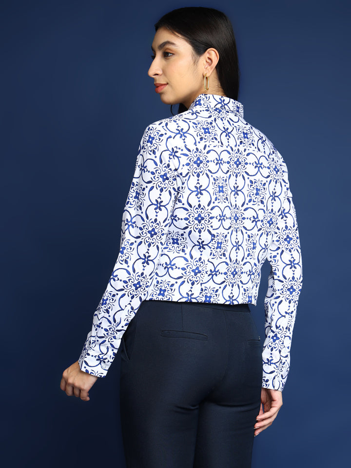 Women White & Blue Ethnic Motif Printed Pure Cotton Formal Shirt