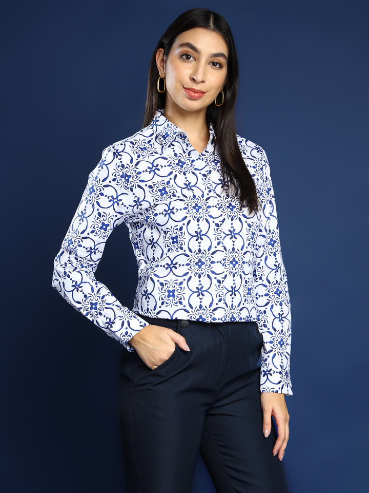 Women White & Blue Ethnic Motif Printed Pure Cotton Formal Shirt