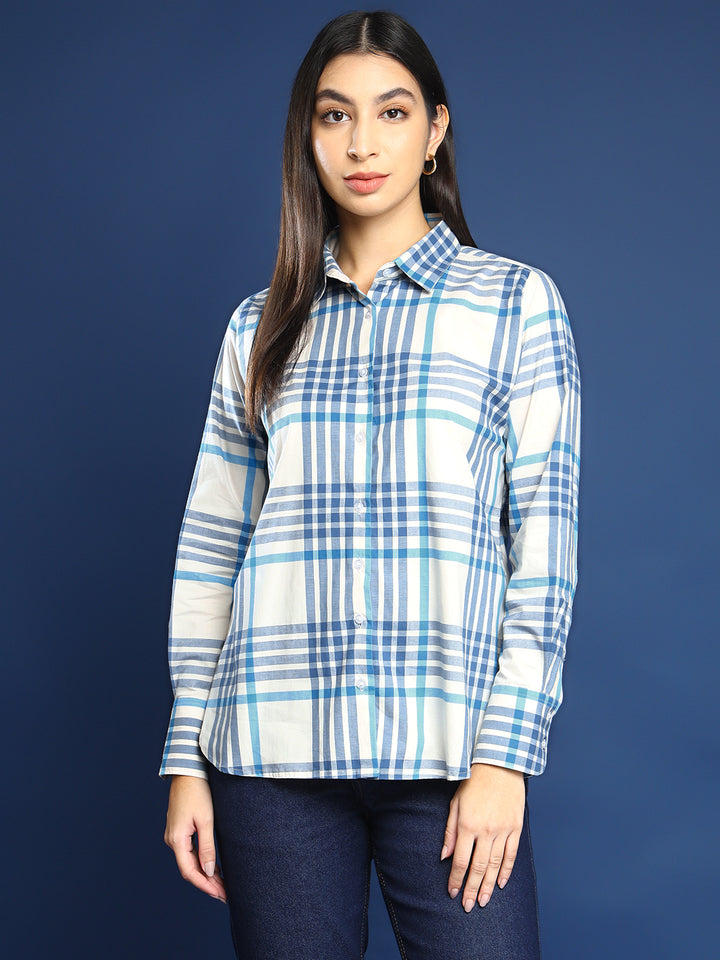 Women White & Blue Windowpane Checked Pure Cotton Boyfriend Fit Formal Shirt