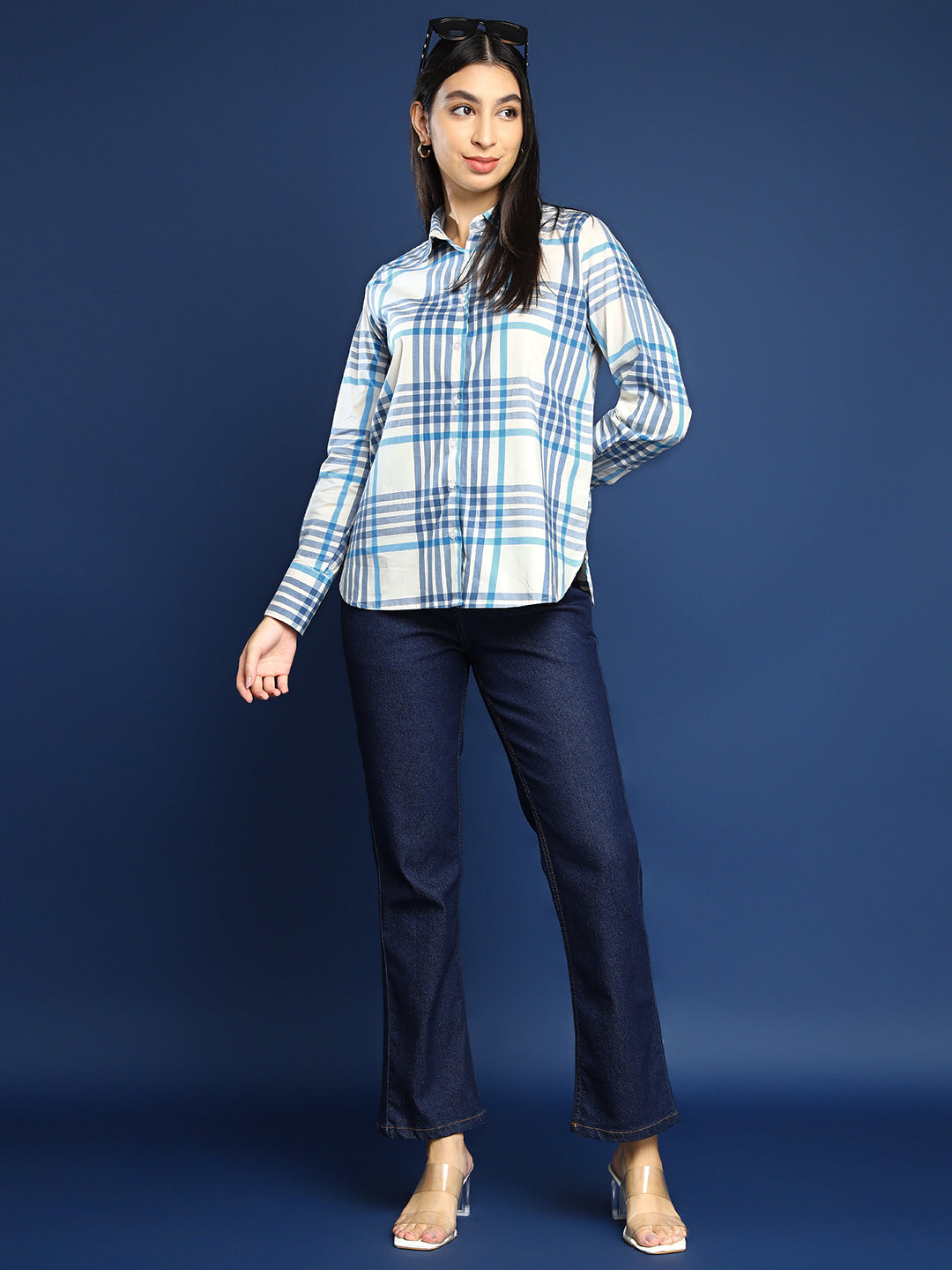 Women White & Blue Windowpane Checked Pure Cotton Boyfriend Fit Formal Shirt