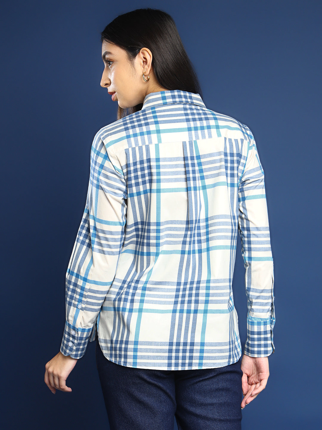 Women White & Blue Windowpane Checked Pure Cotton Boyfriend Fit Formal Shirt