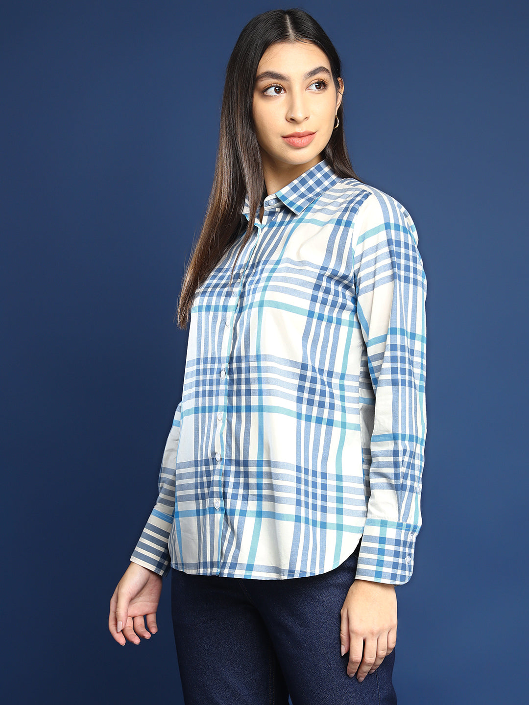 Women White & Blue Windowpane Checked Pure Cotton Boyfriend Fit Formal Shirt