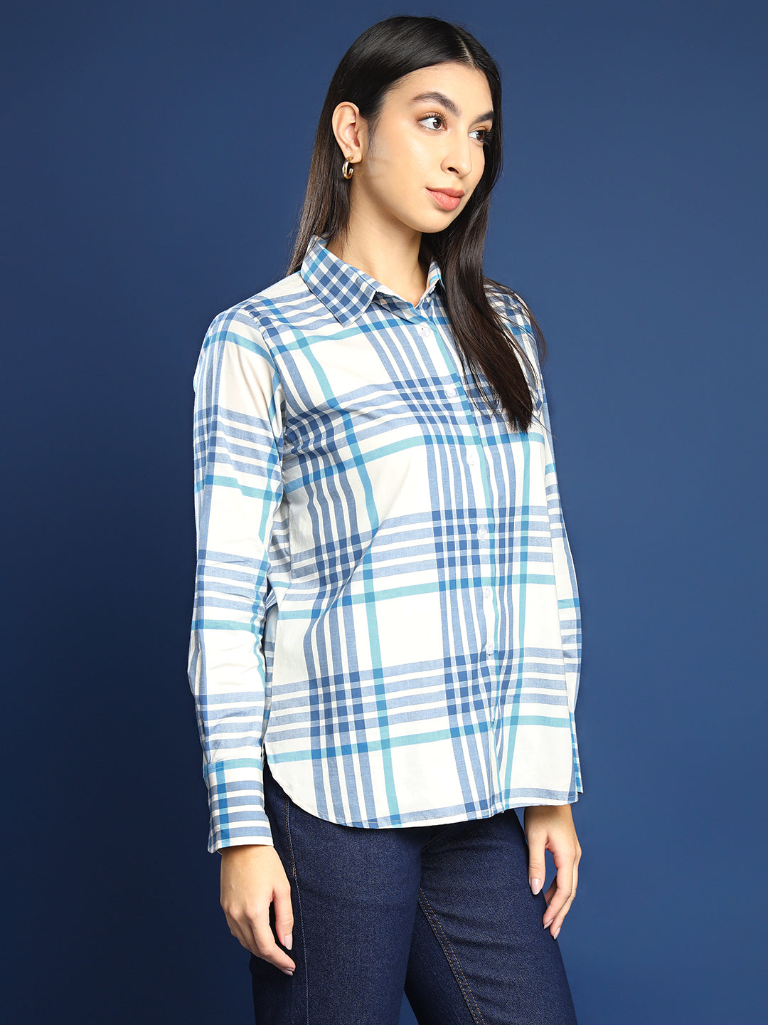 Women White & Blue Windowpane Checked Pure Cotton Boyfriend Fit Formal Shirt