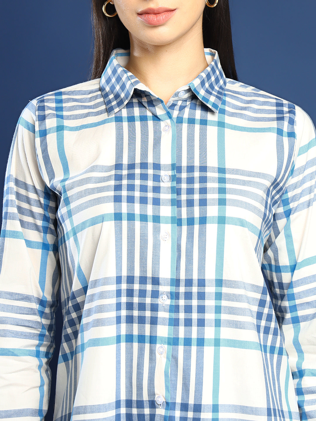 Women White & Blue Windowpane Checked Pure Cotton Boyfriend Fit Formal Shirt