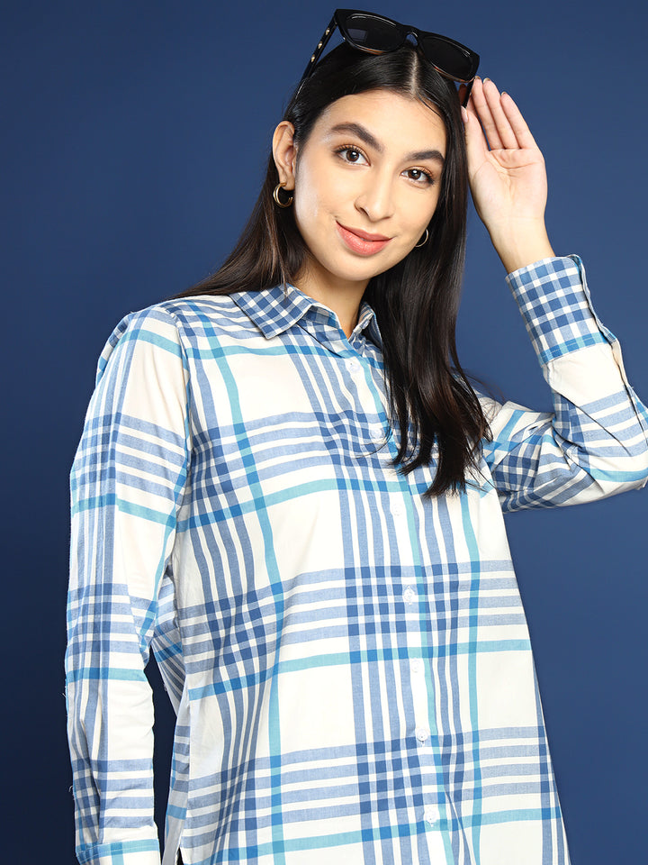 Women White & Blue Windowpane Checked Pure Cotton Boyfriend Fit Formal Shirt