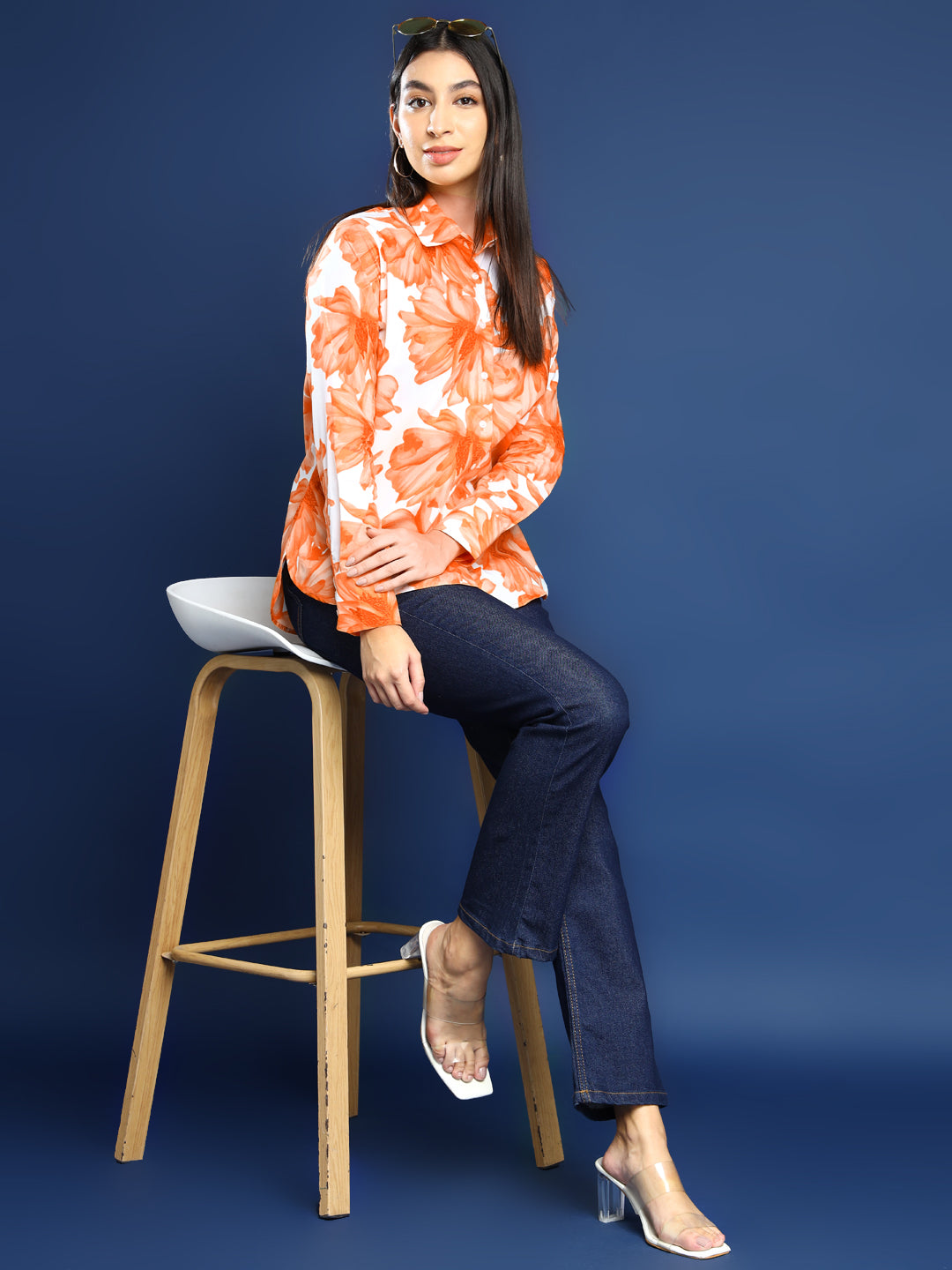 Women Orange Floral Printed Pure Cotton Boyfriend Fit Casual Shirt