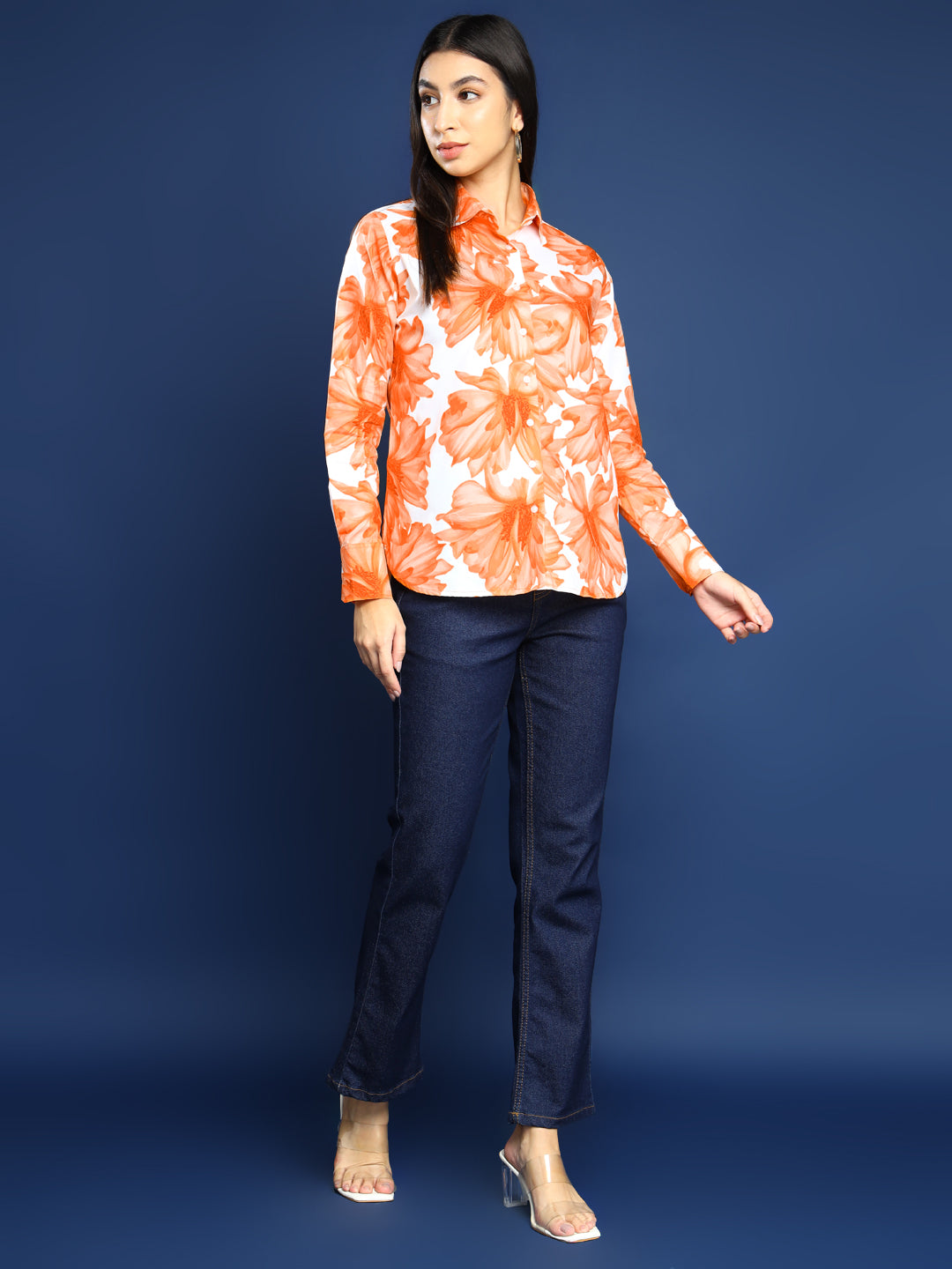 Women Orange Floral Printed Pure Cotton Boyfriend Fit Casual Shirt